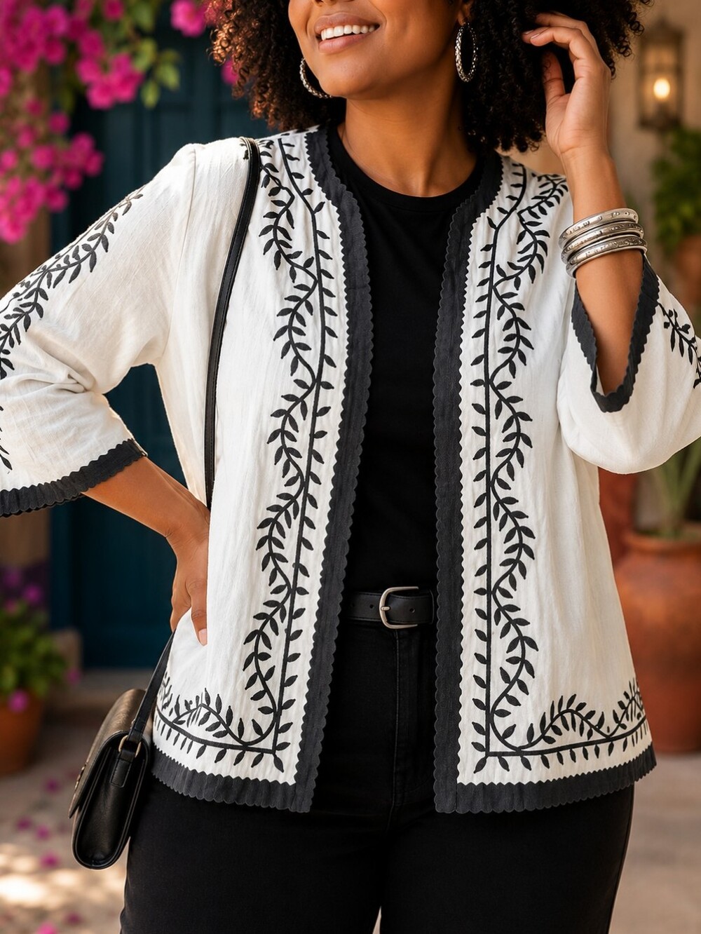 NWT Linea By Dell'Olio Linen Spring Summer Jacket Boho Embroidered Vine Kimono